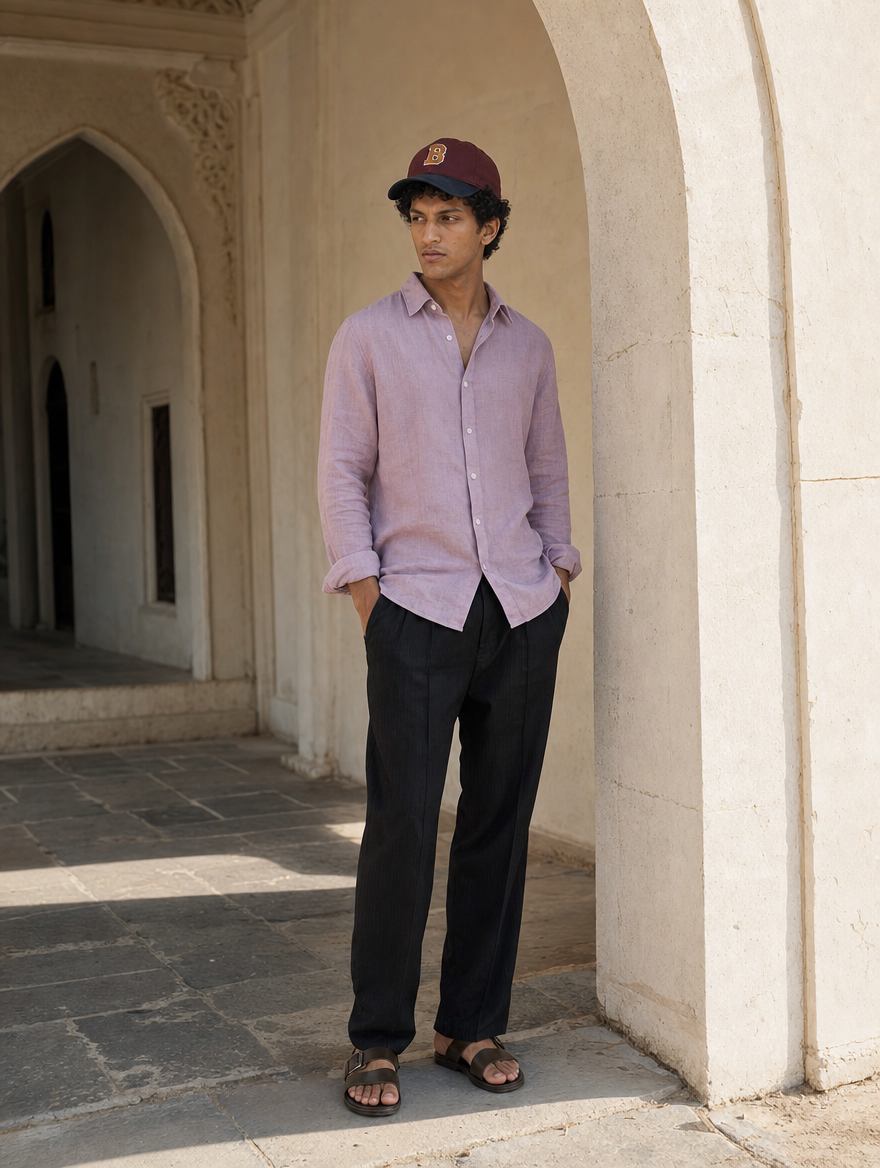 Bare Brown Button Down Collar Linen Shirt, Slim Fit with Full Sleeves - Mauve