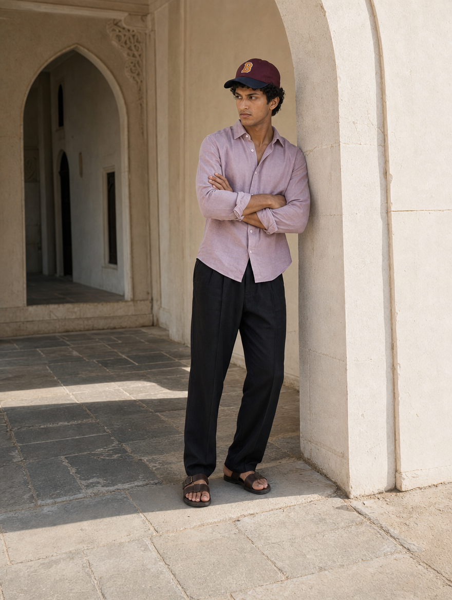 Bare Brown Button Down Collar Linen Shirt, Slim Fit with Full Sleeves - Mauve