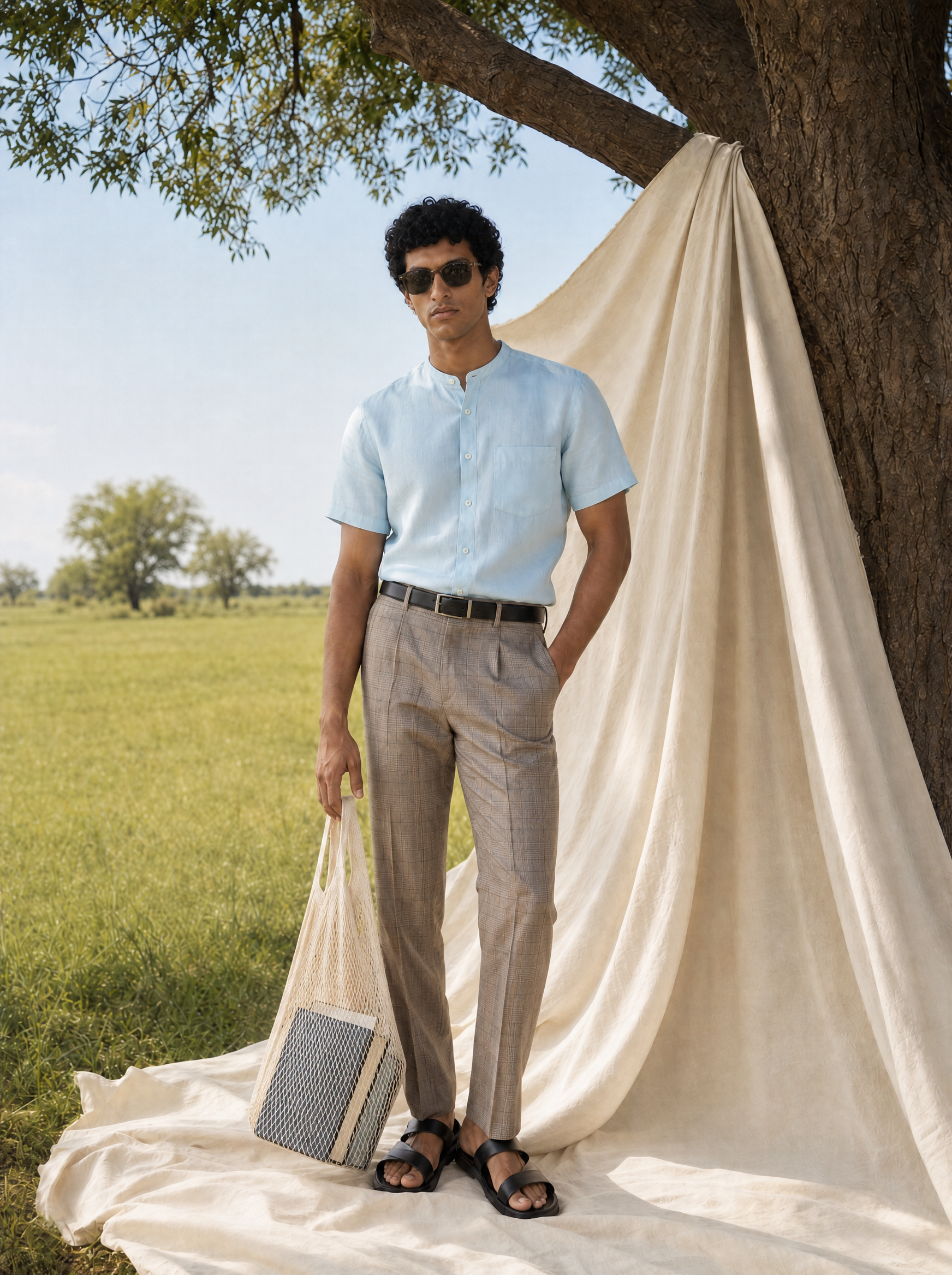 Bare Brown Mandarin Collar Cotton Linen Shirt, Slim Fit with Half Sleeves - Sky Blue