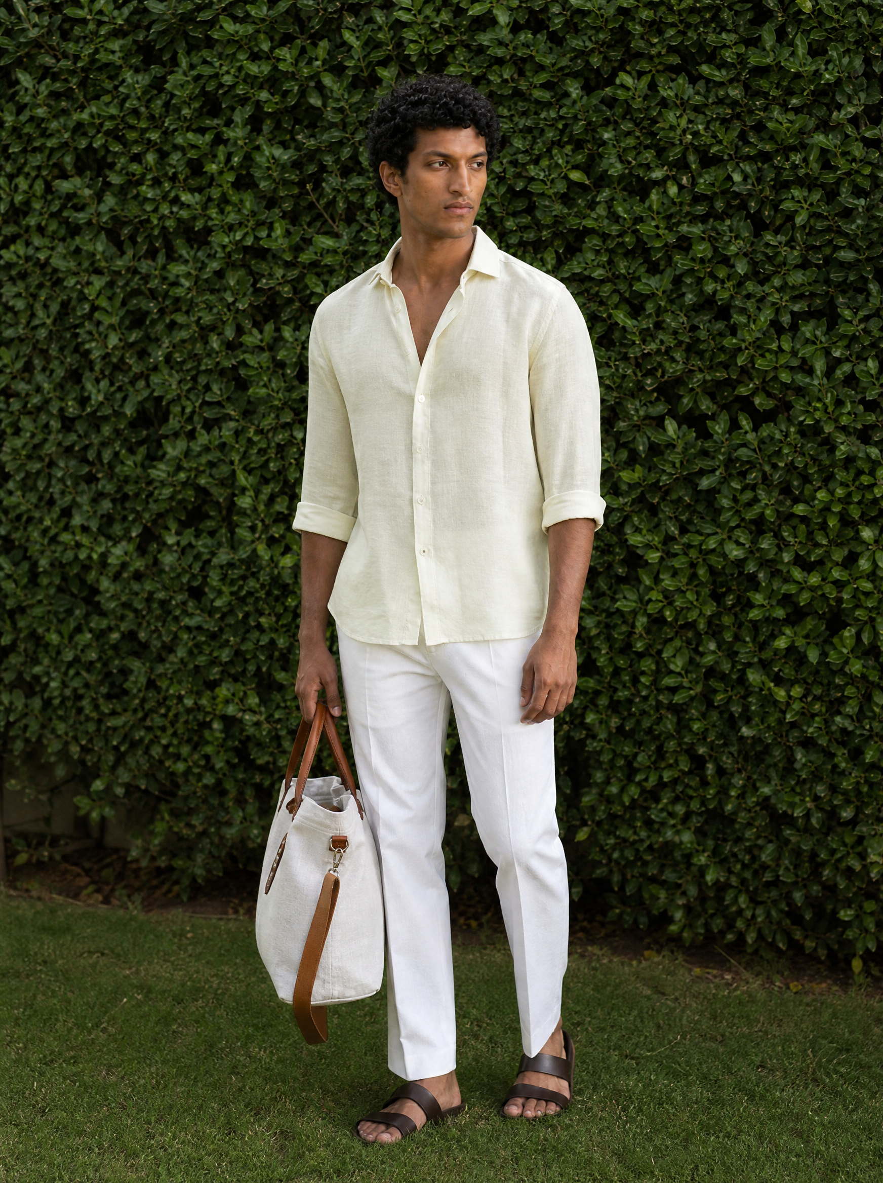 Bare Brown Button Down Collar Linen Shirt, Slim Fit with Full Sleeve - Yellow
