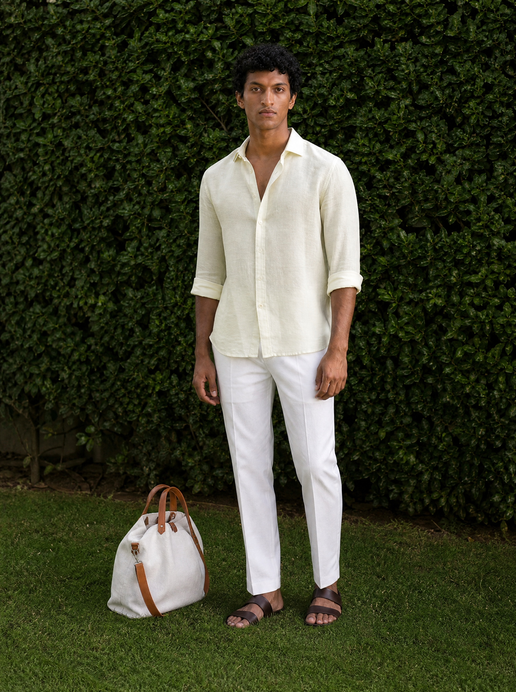 Bare Brown Button Down Collar Linen Shirt, Slim Fit with Full Sleeve - Yellow