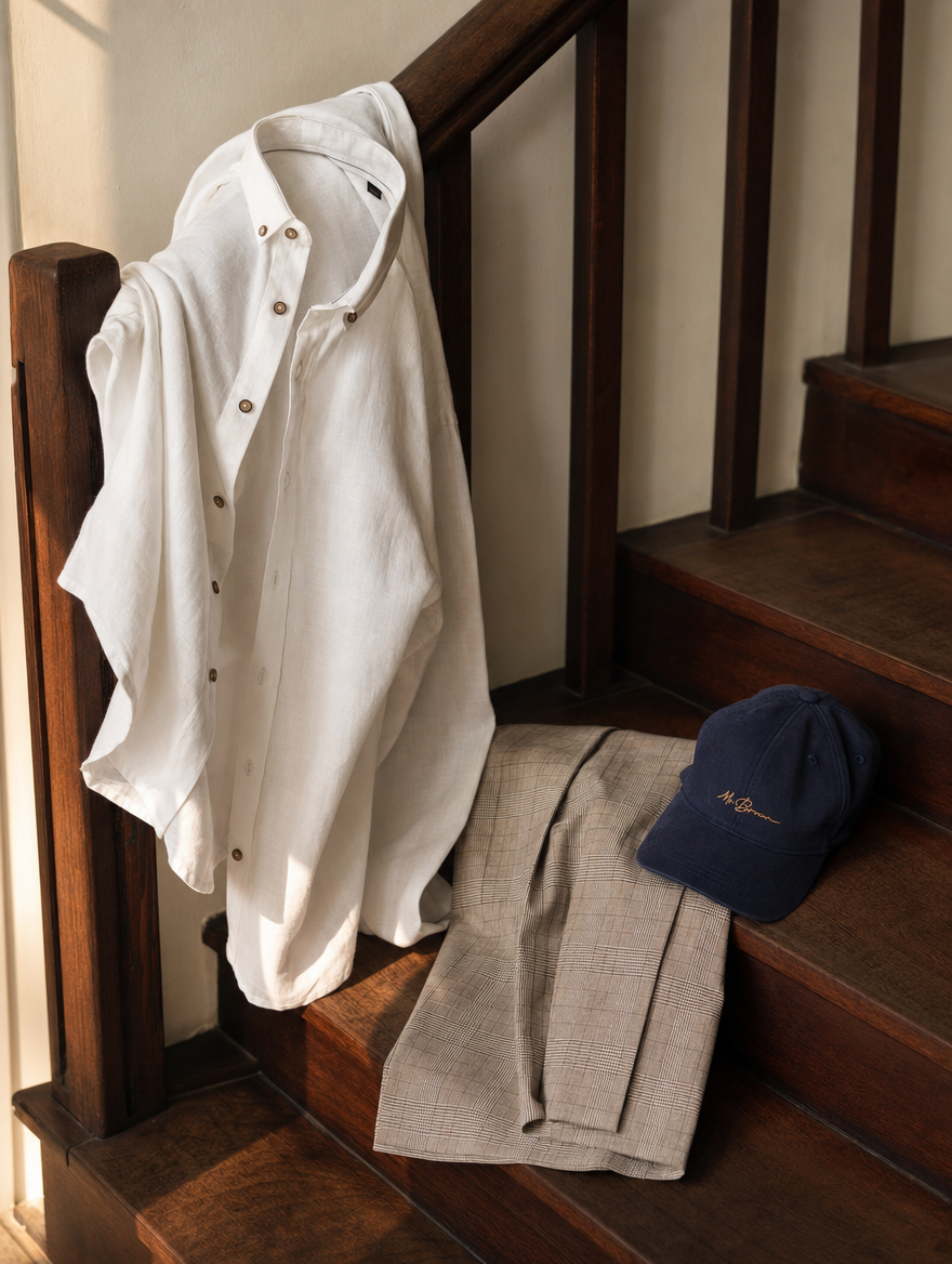 Bare Brown Button Down Collar Linen Shirt, Slim Fit with Full Sleeves- White