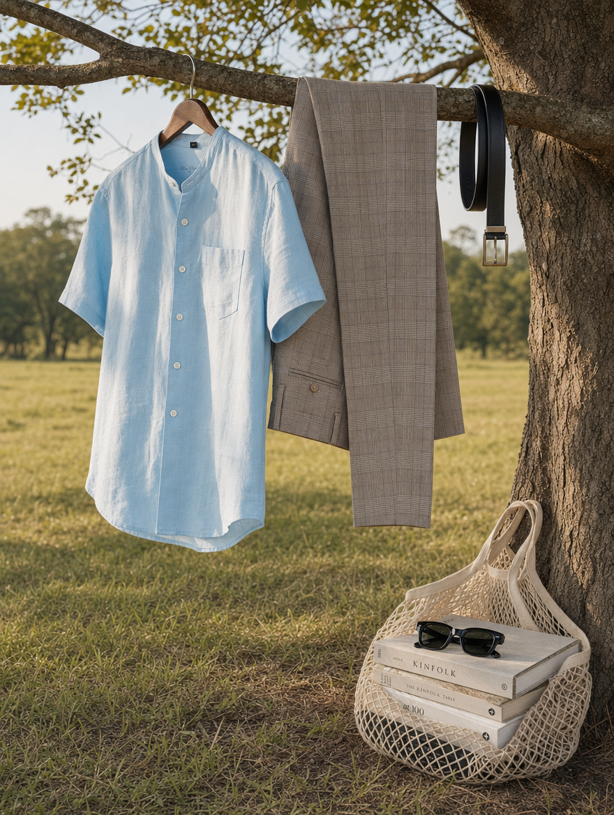 Bare Brown Mandarin Collar Cotton Linen Shirt, Slim Fit with Half Sleeves - Sky Blue