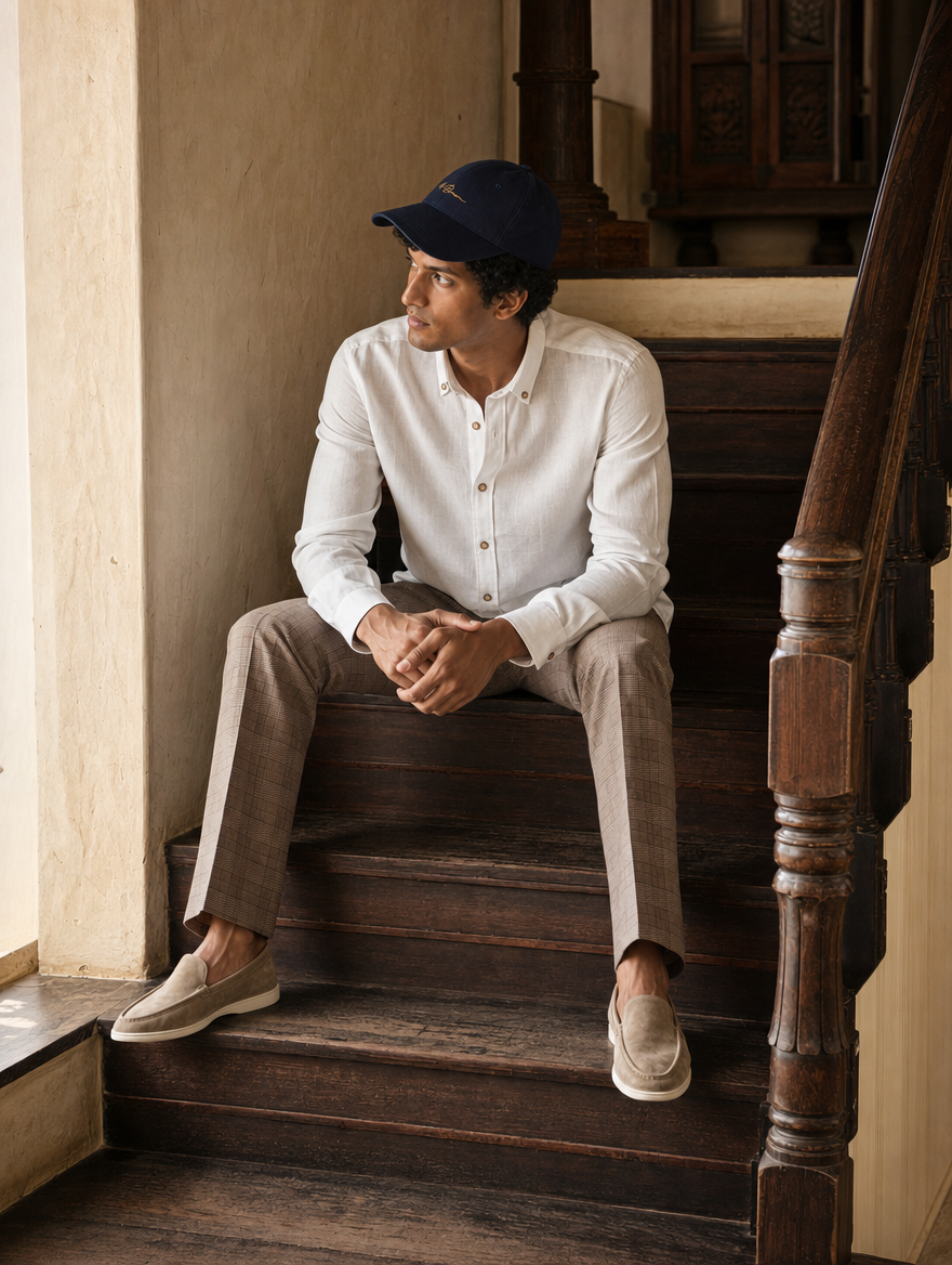 Bare Brown Button Down Collar Linen Shirt, Slim Fit with Full Sleeves- White