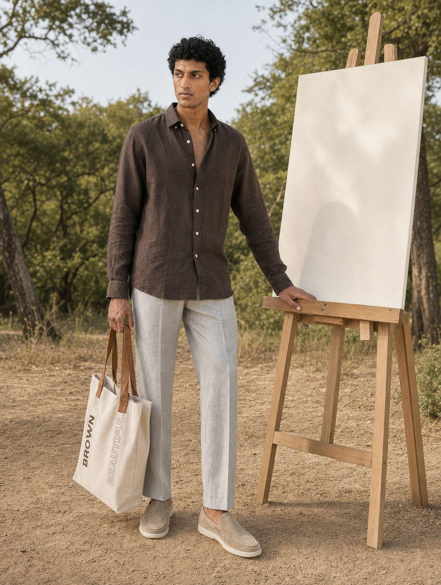 Bare Brown Button Down Collar Linen Shirt, Slim Fit with Full Sleeves - Brown