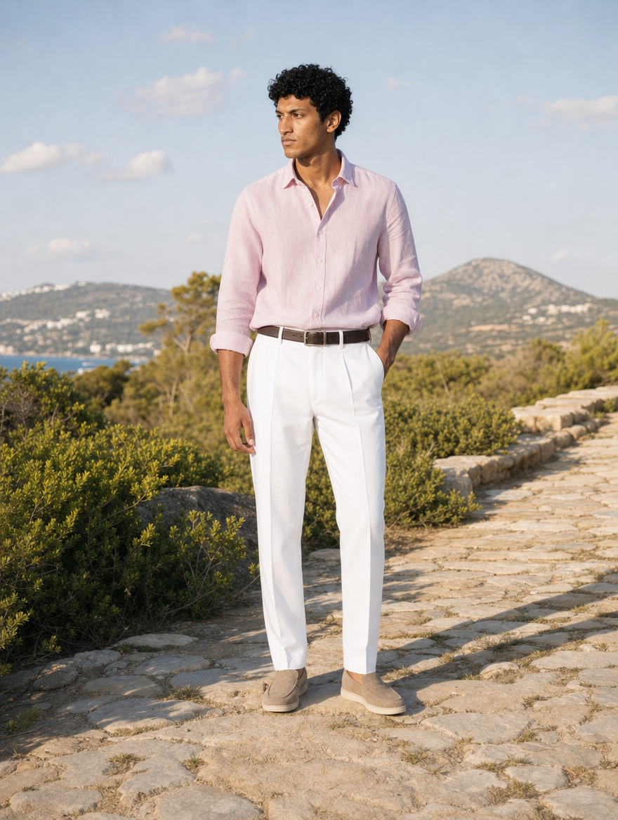 Bare Brown Button Down Collar Cotton Linen Shirt, Slim Fit with Full Sleeve- Light pink