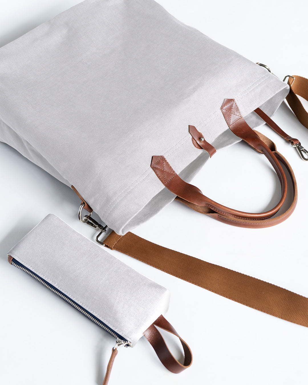Versatile Leather Detailed Linen Canvas Tote Bag - Off white