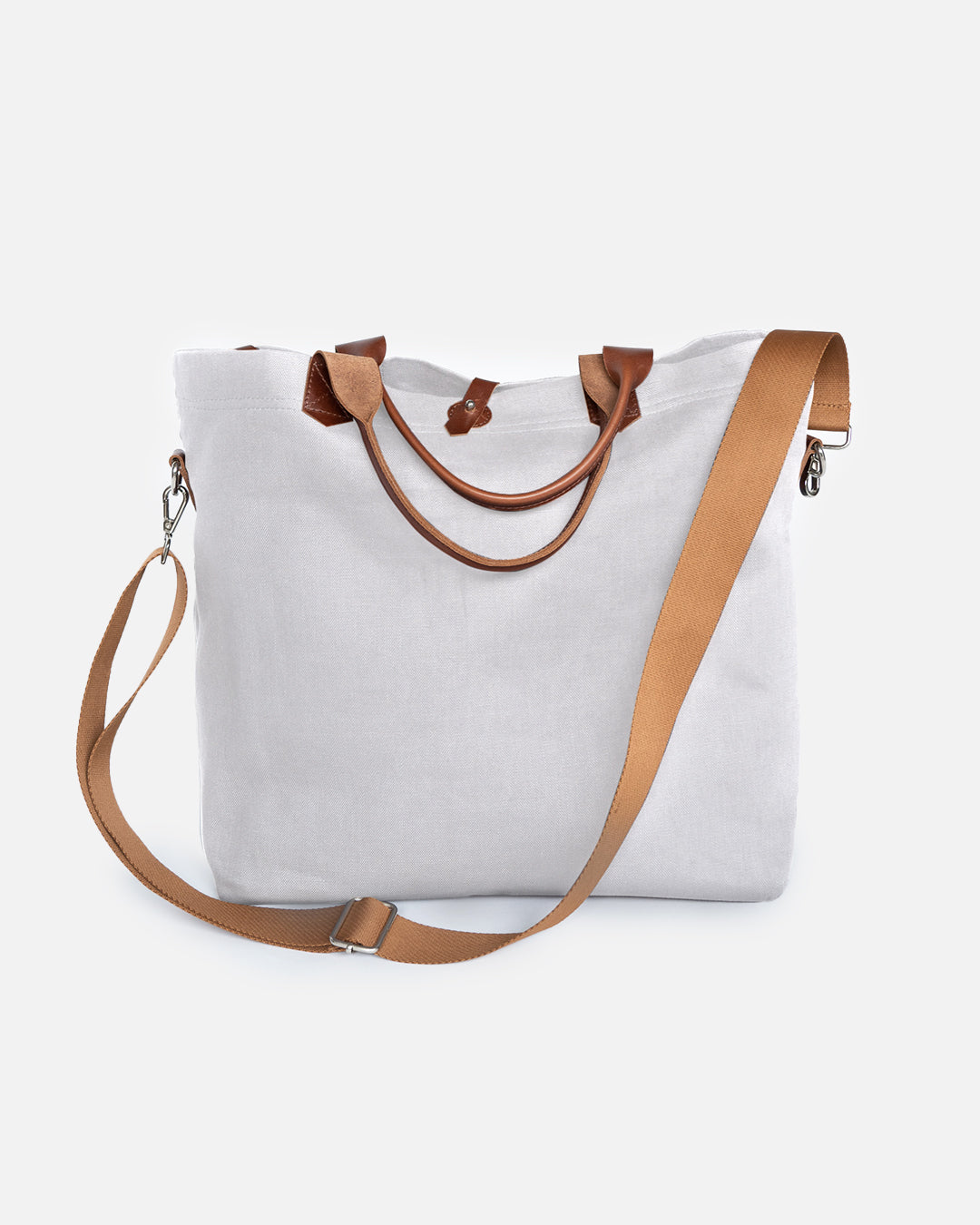 Versatile Leather Detailed Linen Canvas Tote Bag - Off white