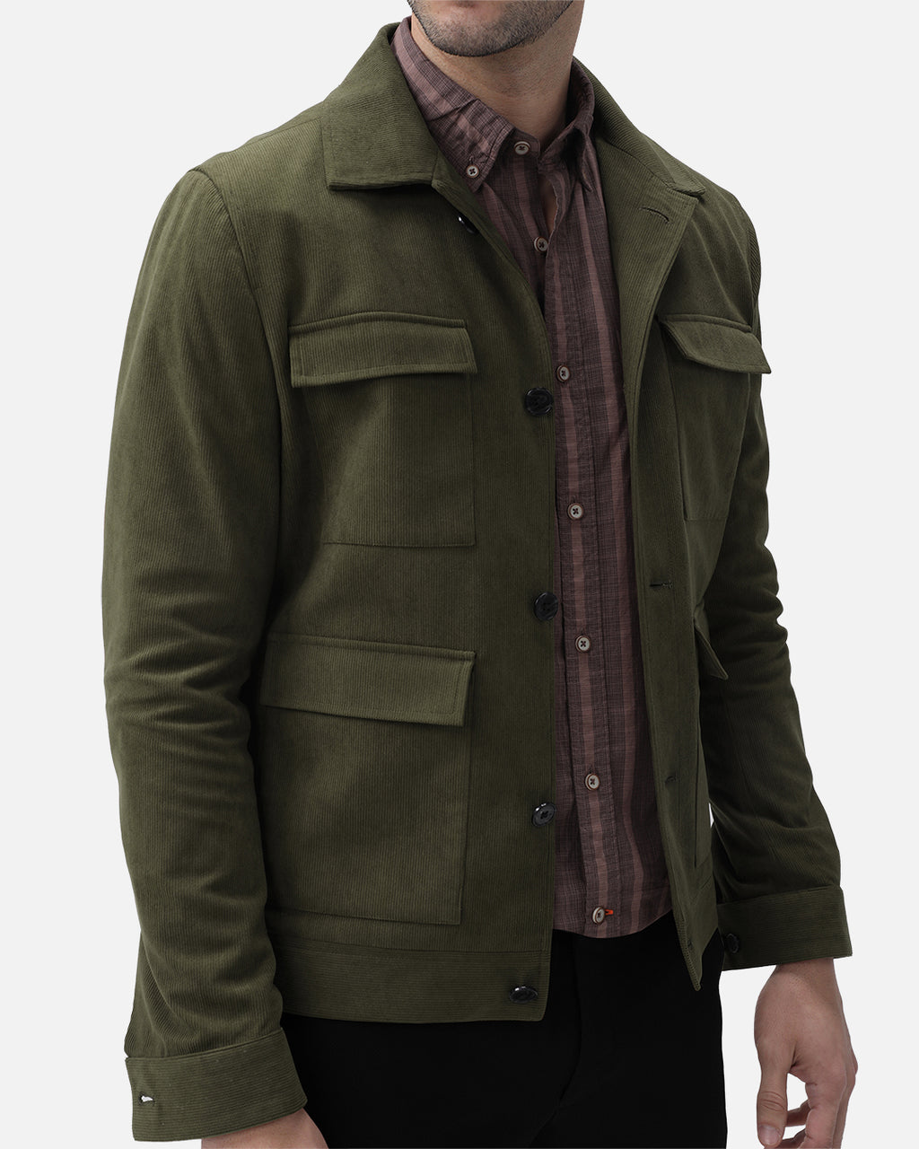 Bare Brown Corduroy Overshirt with Pockets - Olive green