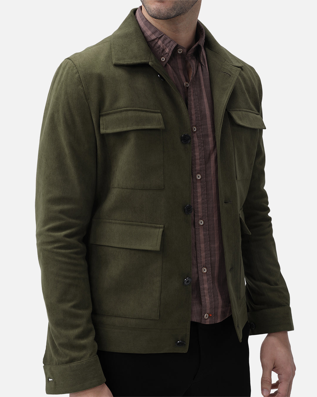 Bare Brown Corduroy Overshirt with Pockets - Olive green