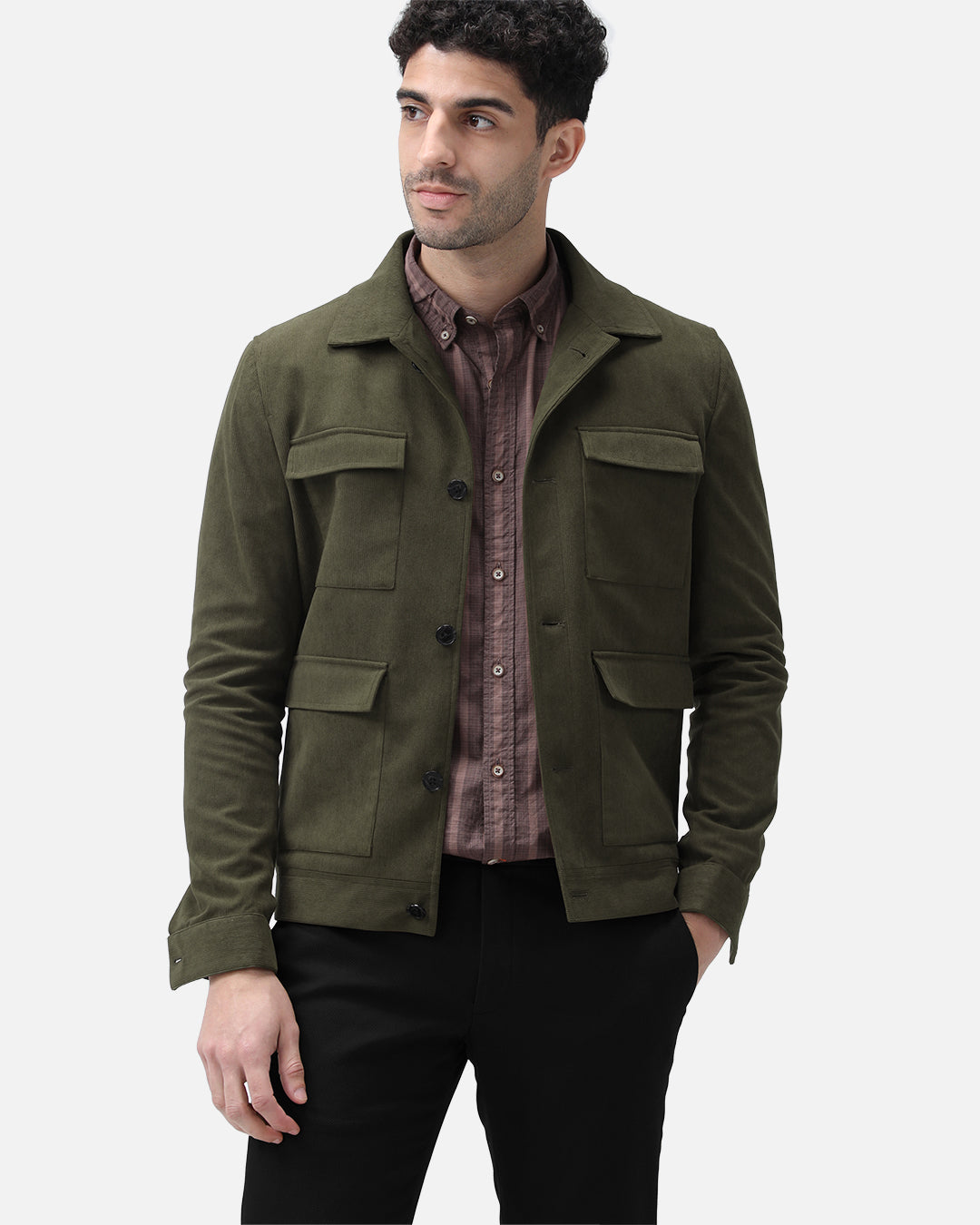 Bare Brown Corduroy Overshirt with Pockets - Olive green