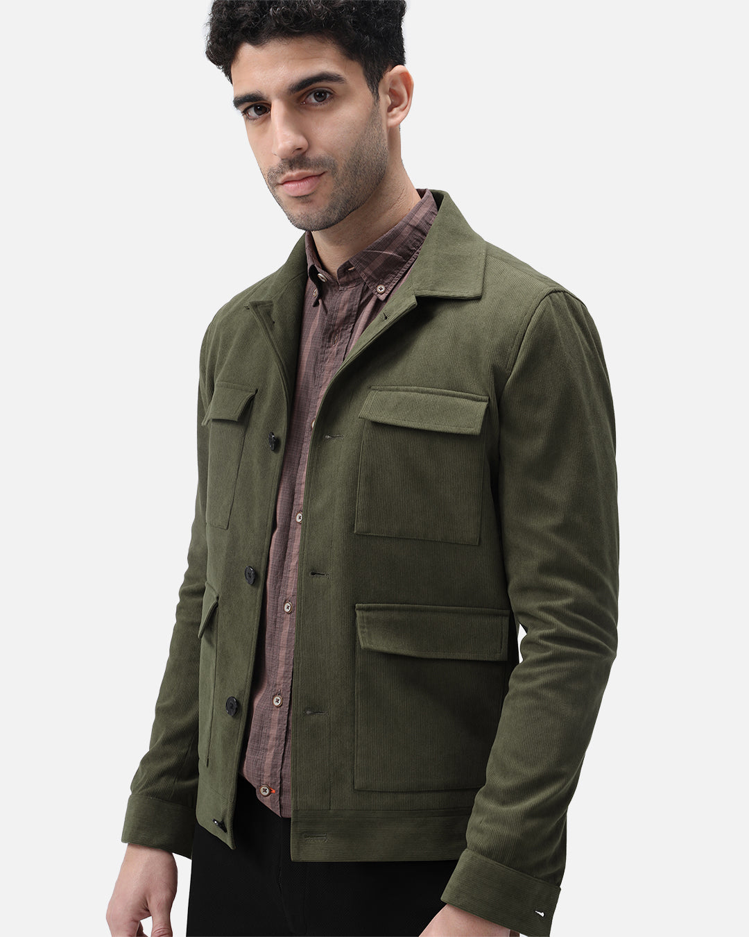 Bare Brown Corduroy Overshirt with Pockets - Olive green