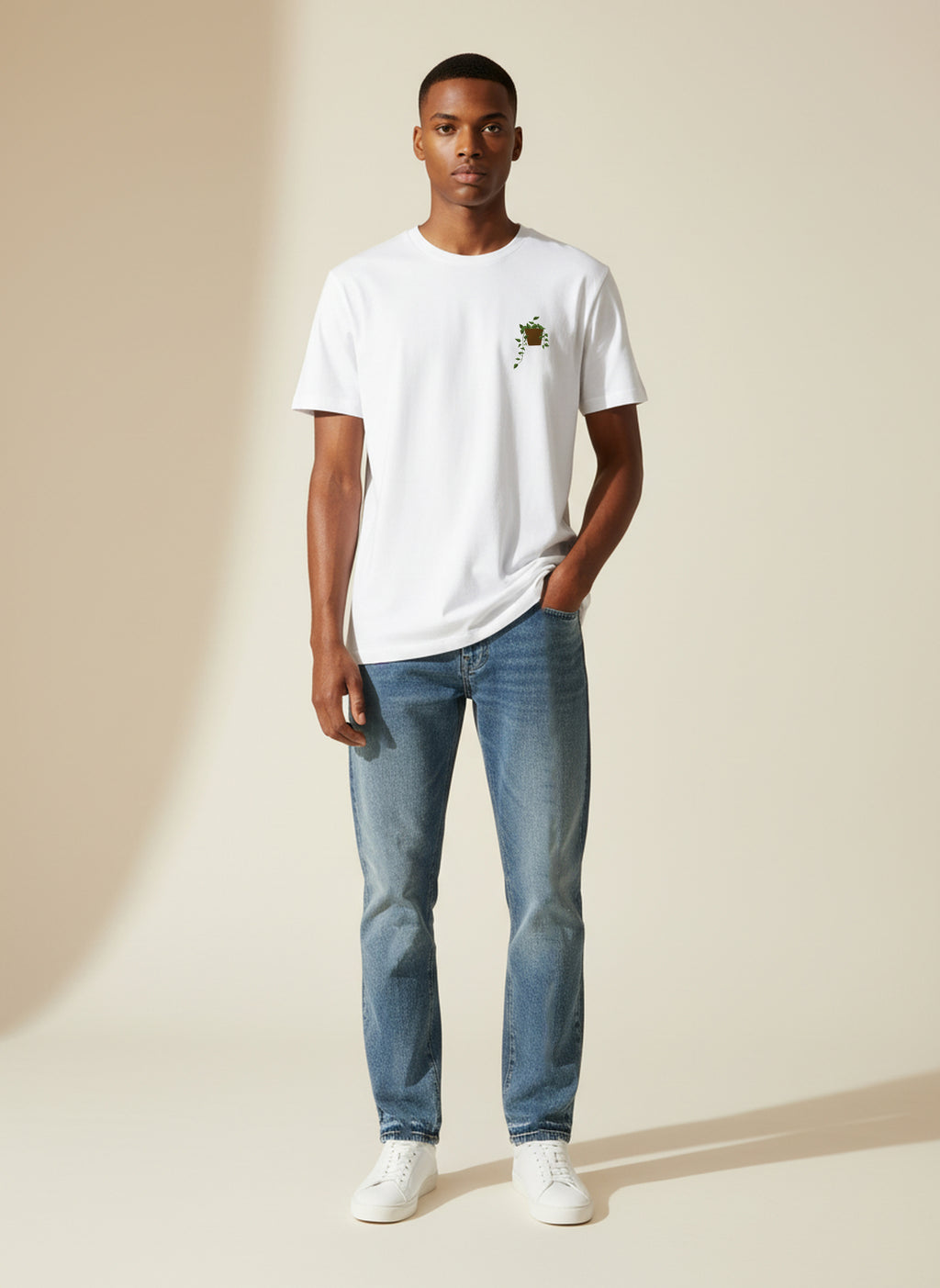 Bare Brown White Slim Fit Crew Neck T-Shirt