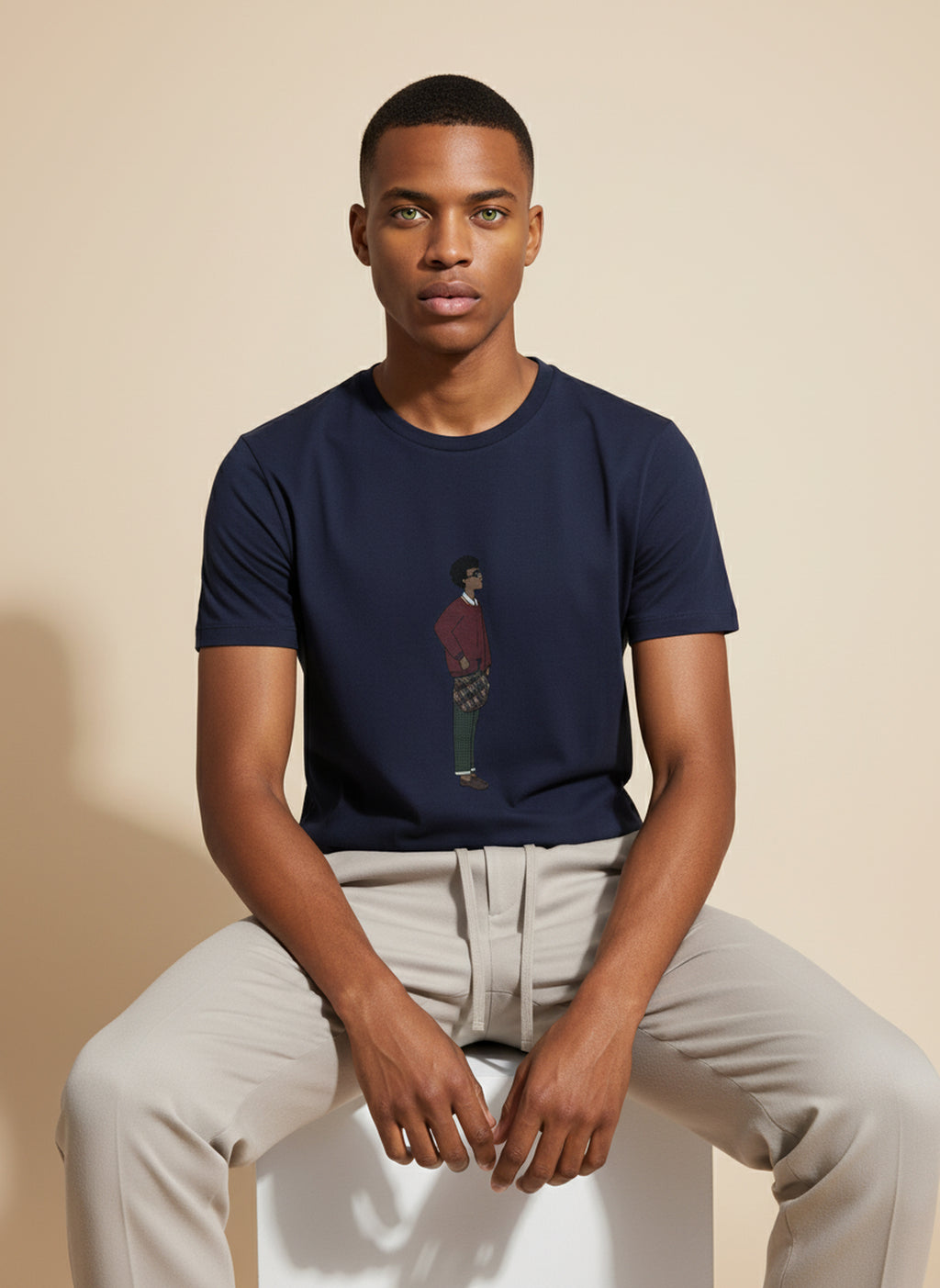 Bare Brown Navy Blue Slim Fit Crew Neck T-Shirt