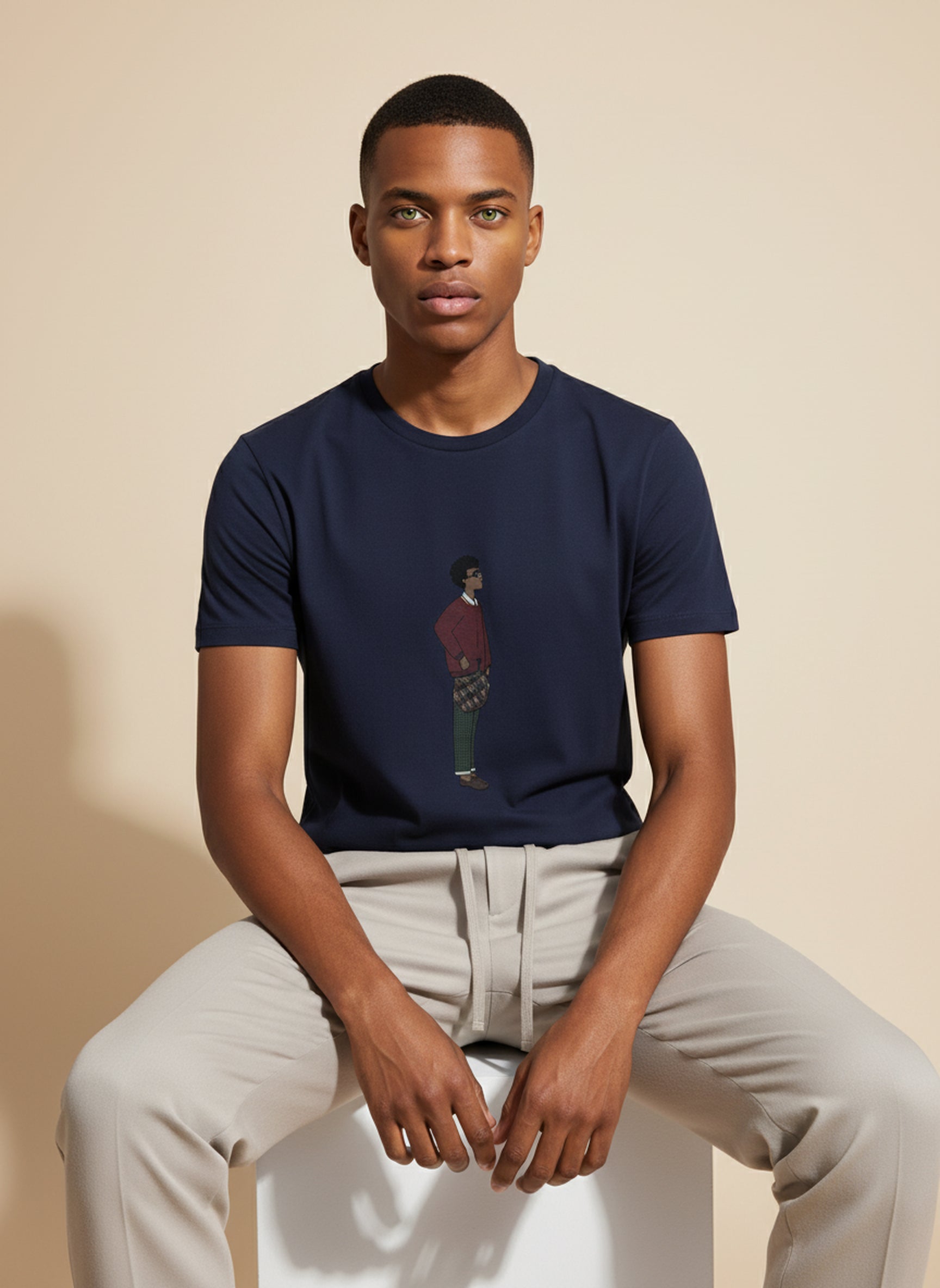 Bare Brown Navy Blue Slim Fit Crew Neck T-Shirt