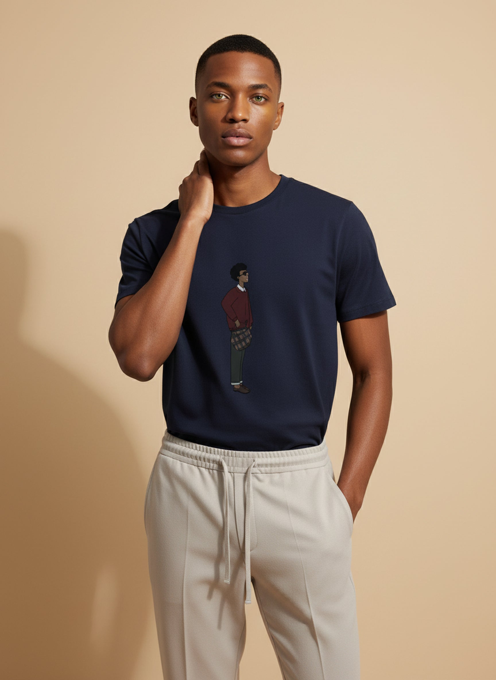 Bare Brown Navy Blue Slim Fit Crew Neck T-Shirt