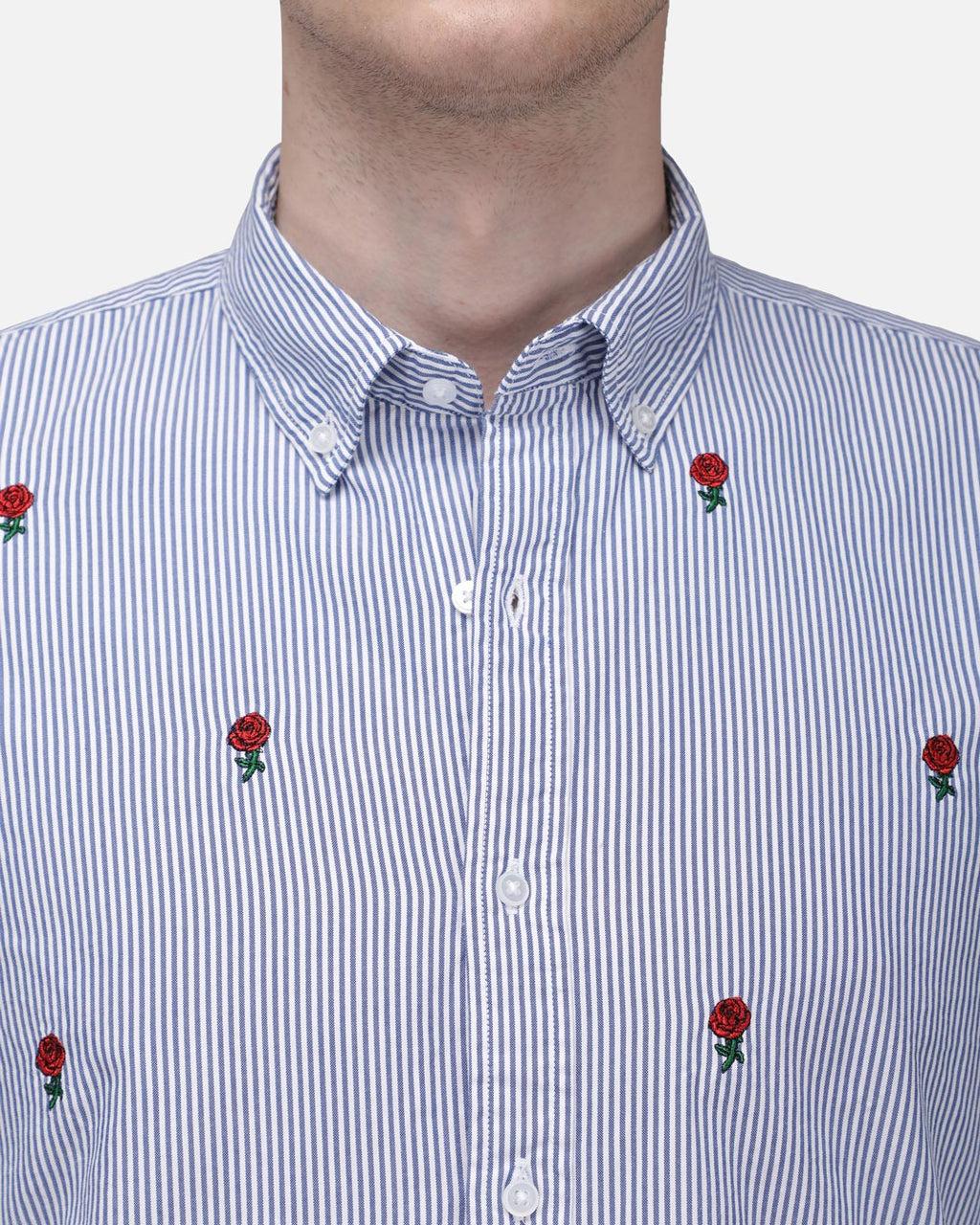 Bare Brown Striped Cotton Shirt with flower embroidery - Light Blue
