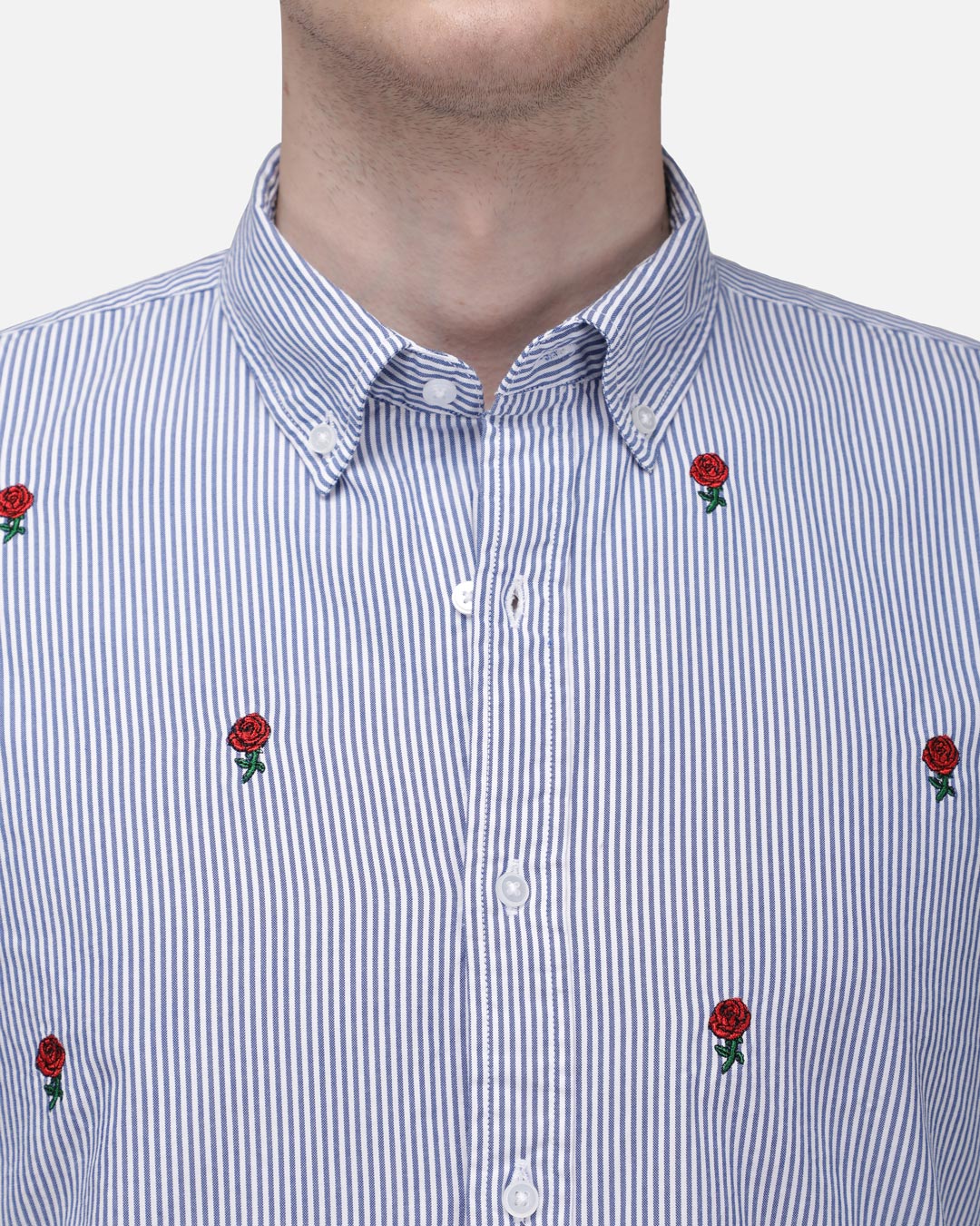 Bare Brown Striped Cotton Shirt with flower embroidery - Light Blue