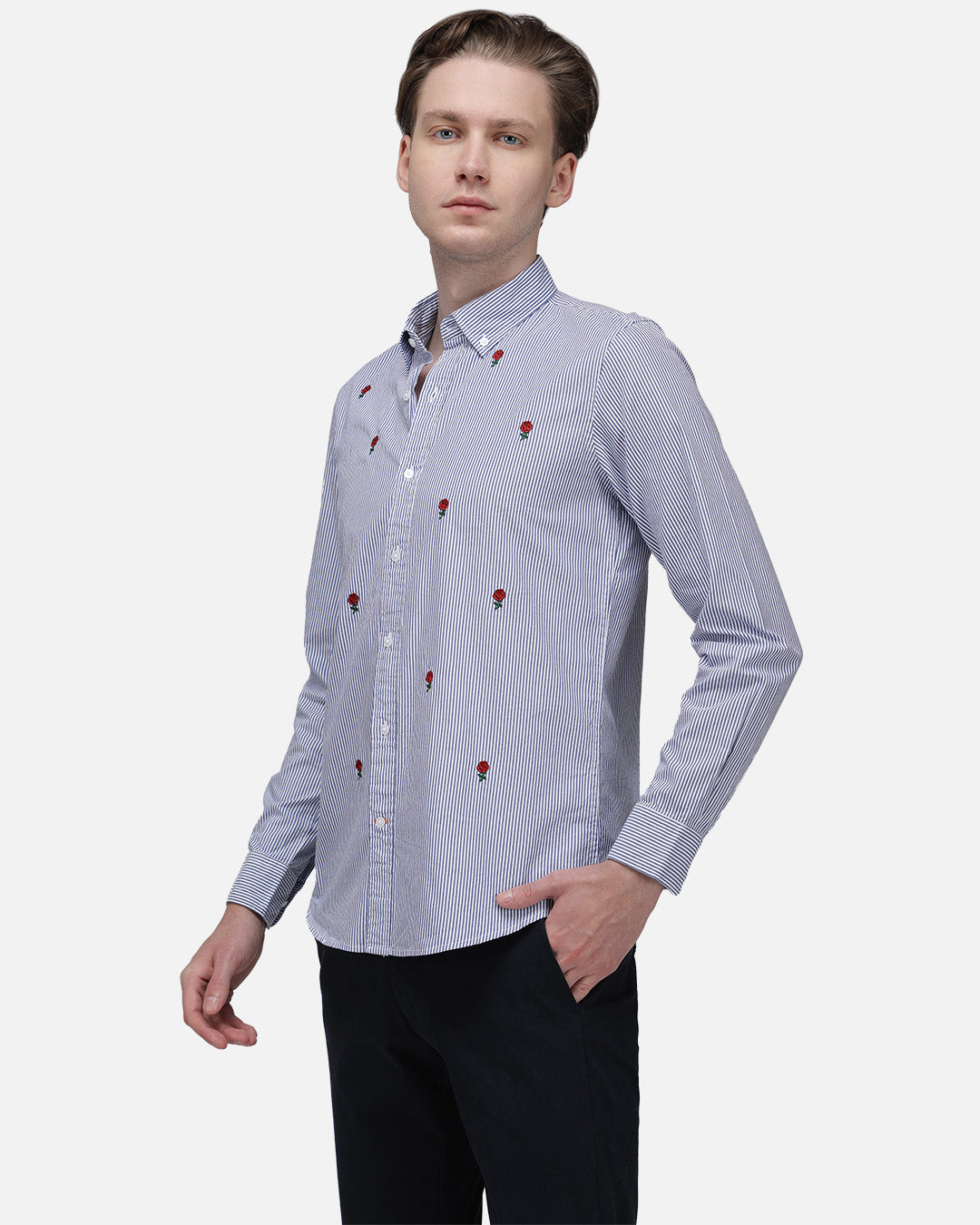 Bare Brown Striped Cotton Shirt with flower embroidery - Light Blue