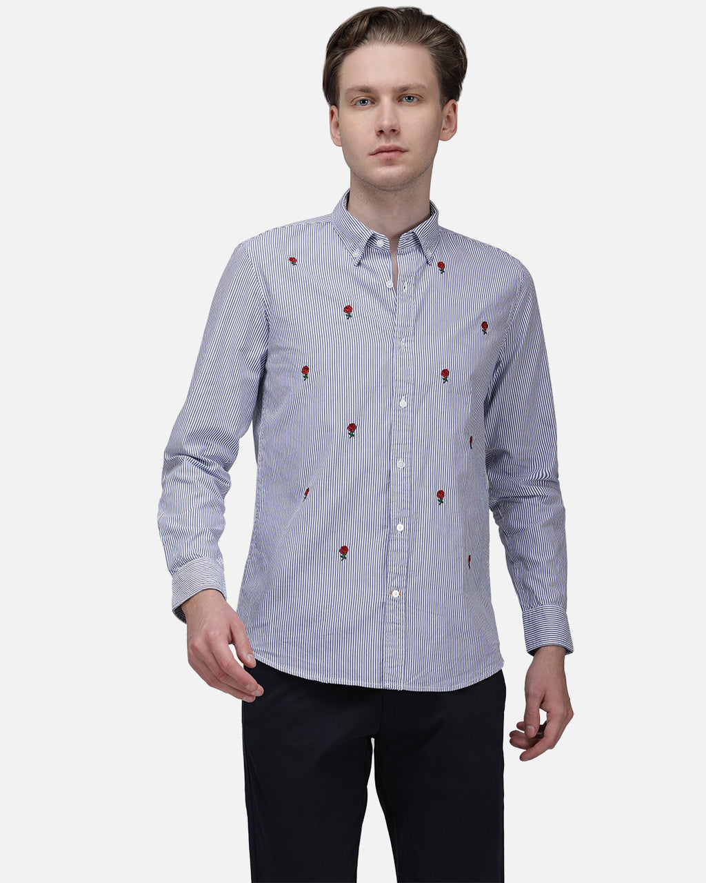 Bare Brown Striped Cotton Shirt with flower embroidery - Light Blue