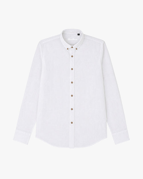 Bare Brown Button Down Collar Linen Shirt, Slim Fit with Full Sleeves- White