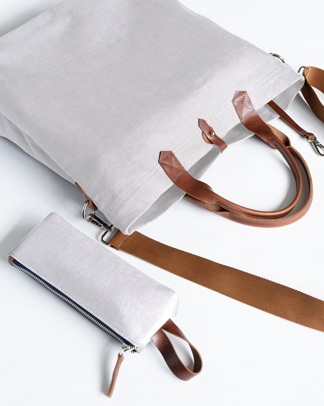 Linen Canvas Pouch with Genuine leather trim - Off white